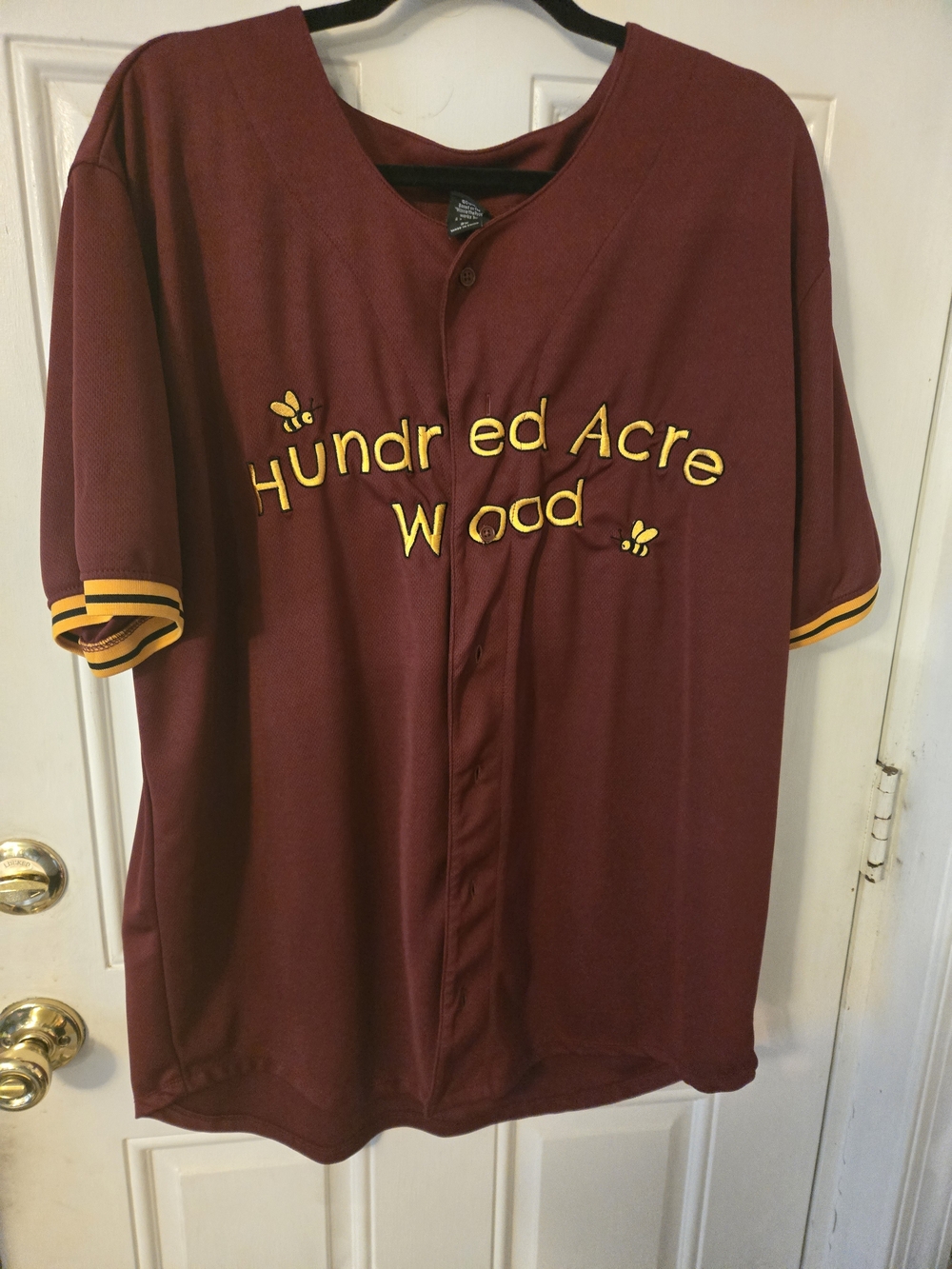 Disney Winnie The Pooh Burgundy and Yellow Hundred Acre Wood Baseball Jersey
